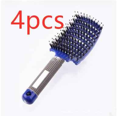 Set de 4 cepillos de limpieza para superficies con mango ergonómico azul y gris.