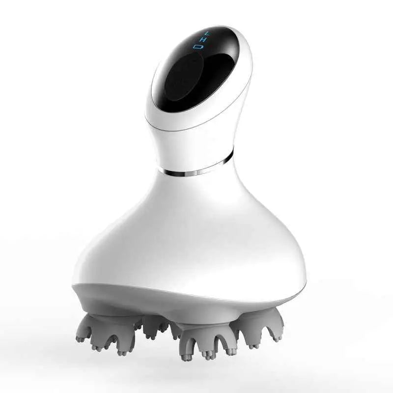 Masajeador eléctrico de cuero cabelludo blanco con cabezales de silicona suaves.