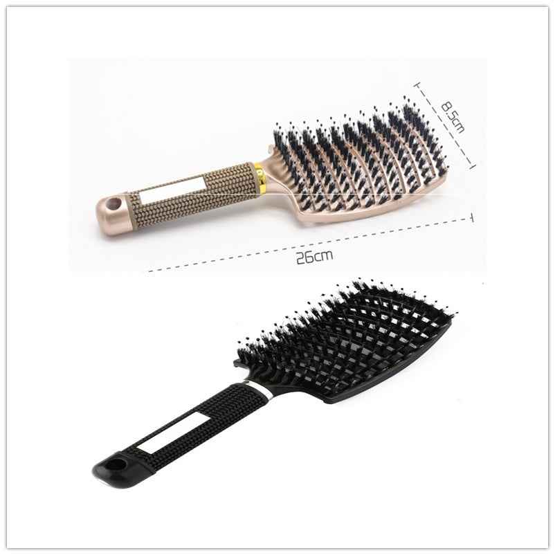 Cepillo desenredante para cabello en colores oro rosa y negro con medidas de tamaño