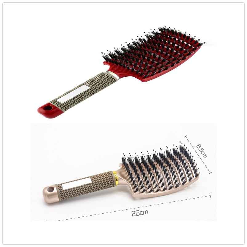 Cepillo de pelo profesional de mango ergonómico en color rojo y dorado con medidas.