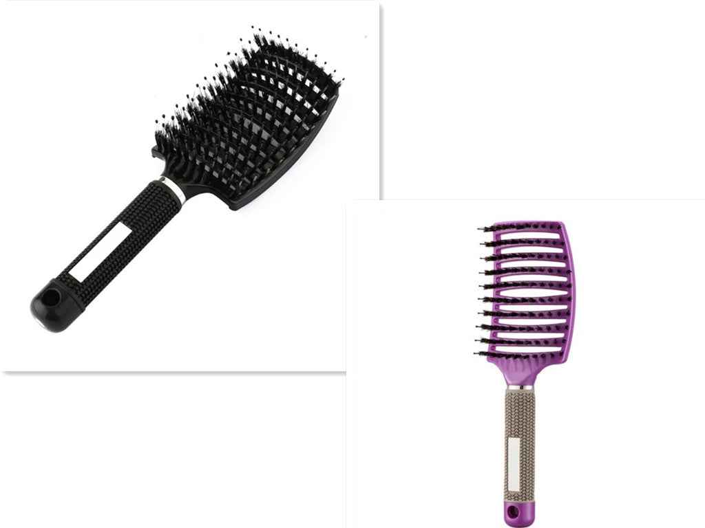 Cepillo desenredante negro y peine de desenredar color morado para cuidado del cabello.