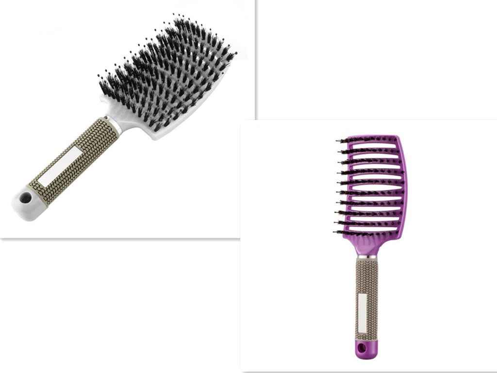 Cepillo de pelo redondo profesional y peine desenredante de color morado.