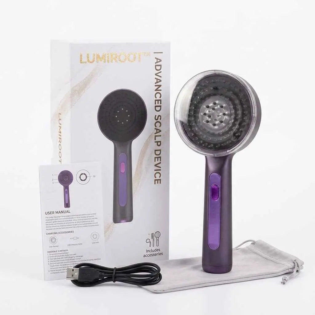 Dispositivo avanzado de masaje capilar Lumiroot con caja, manual y accesorios.