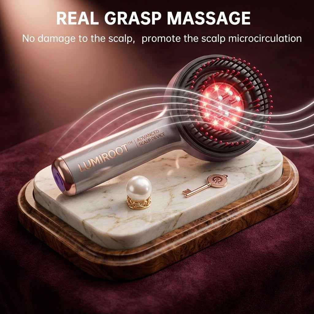 Dispositivo de masaje capilar Lumiroot con terapia de luz roja para el cuero cabelludo.