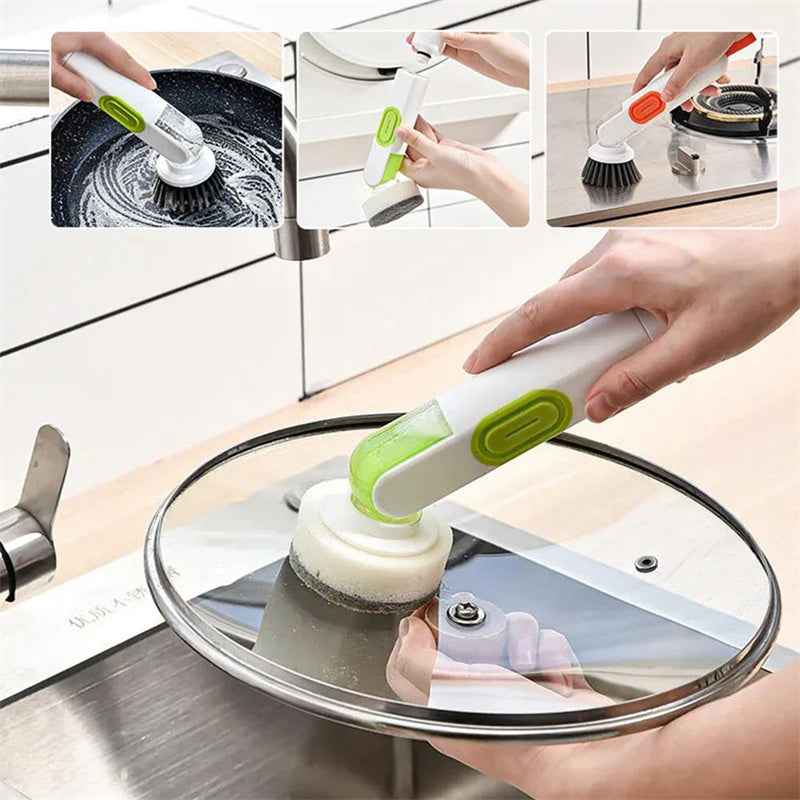 Soap-Dispensing Dish Brush — Long Handle with 2 Replacement Heads