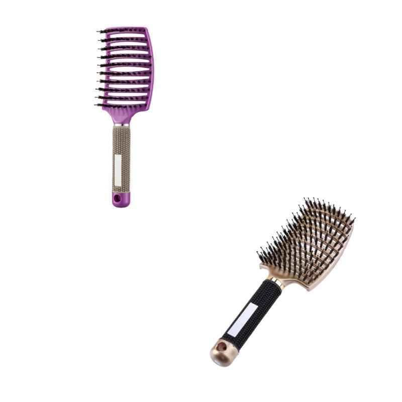Set de cepillos desenredantes para el cabello, uno púrpura y otro dorado con cerdas metálicas.