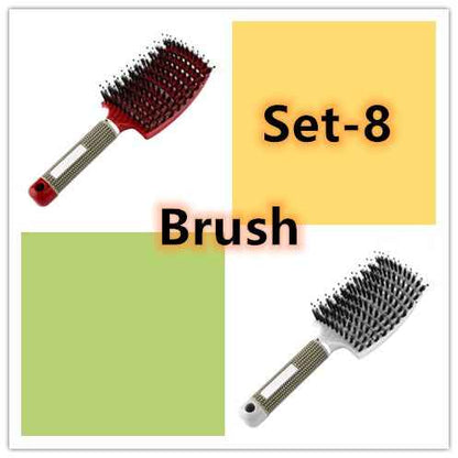 Set de 8 cepillos para el cabello, modelos en rojo y negro para estilizado.
