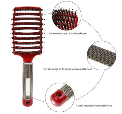 Cepillo de pelo rojo con cerdas de nailon y mango antideslizante con imán para colgar.