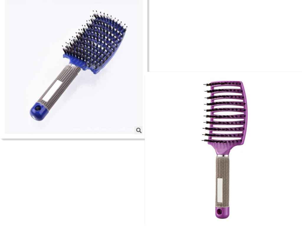 Cepillo desenredante de pelo azul y peine de masaje morado con mango ergonómico.