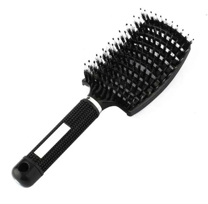 Cepillo de pelo profesional negro con mango ergonómico para desenredar y peinar.