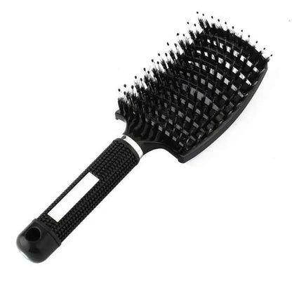 Cepillo de pelo profesional negro con mango ergonómico para desenredar y peinar.