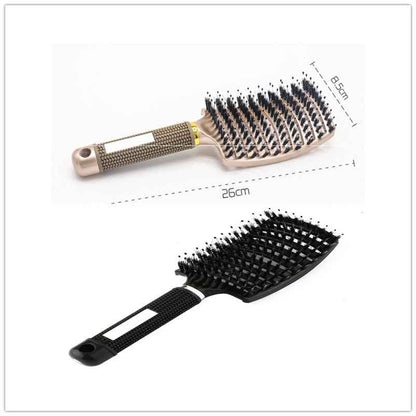 Cepillo desenredante para cabello en colores oro rosa y negro con medidas de tamaño