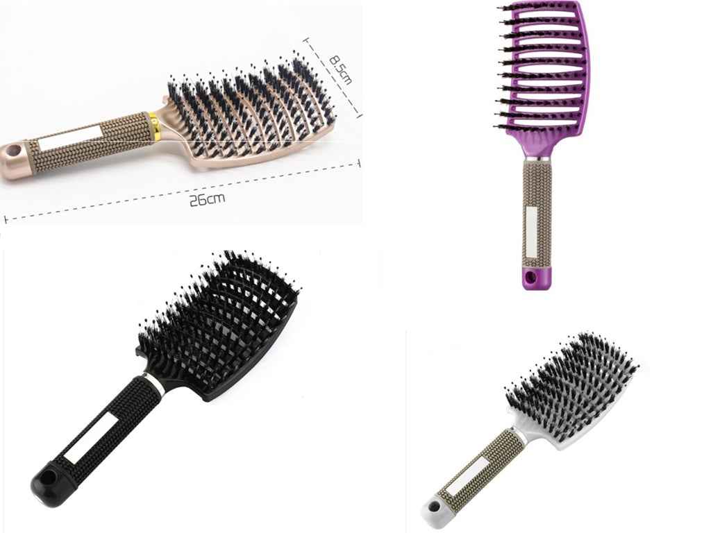 Set de cuatro cepillos desenredantes para el cabello en colores oro, morado, negro y blanco.