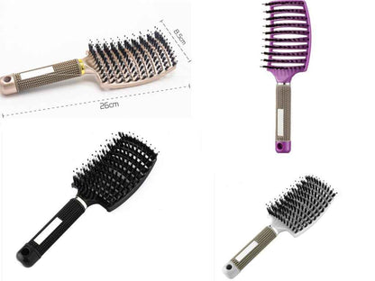 Set de cuatro cepillos desenredantes para el cabello en colores oro, morado, negro y blanco.