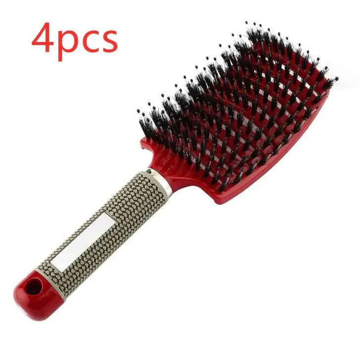 Set de 4 cepillos de pelo rojos con mango ergonómico antideslizante para desenredar.