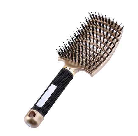 Cepillo de pelo profesional con mango ergonómico negro y detalles dorados.