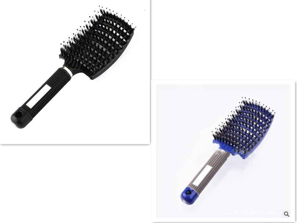 Cepillos desenredantes para el cabello en color negro y azul con mango ergonómico.