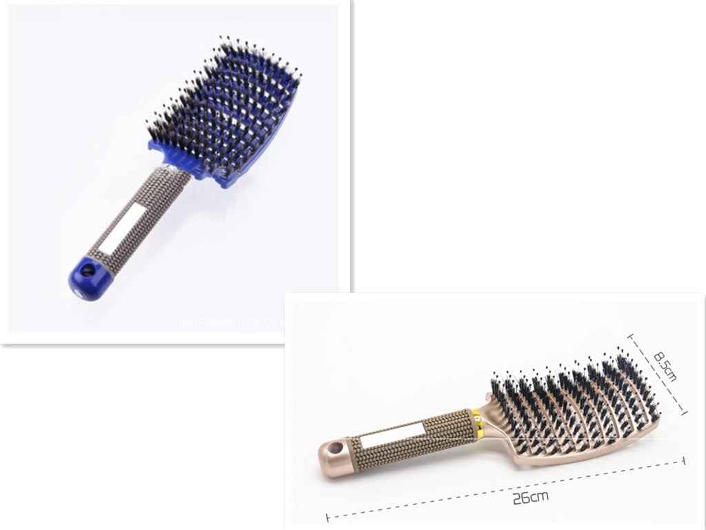 Cepillo de pelo profesional con mango ergonómico en color azul y dorado para cuidado capilar.
