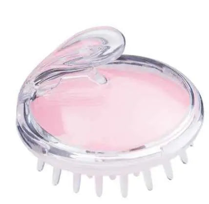 Masajeador de cuero cabelludo eléctrico de color rosa y transparente para relajación.