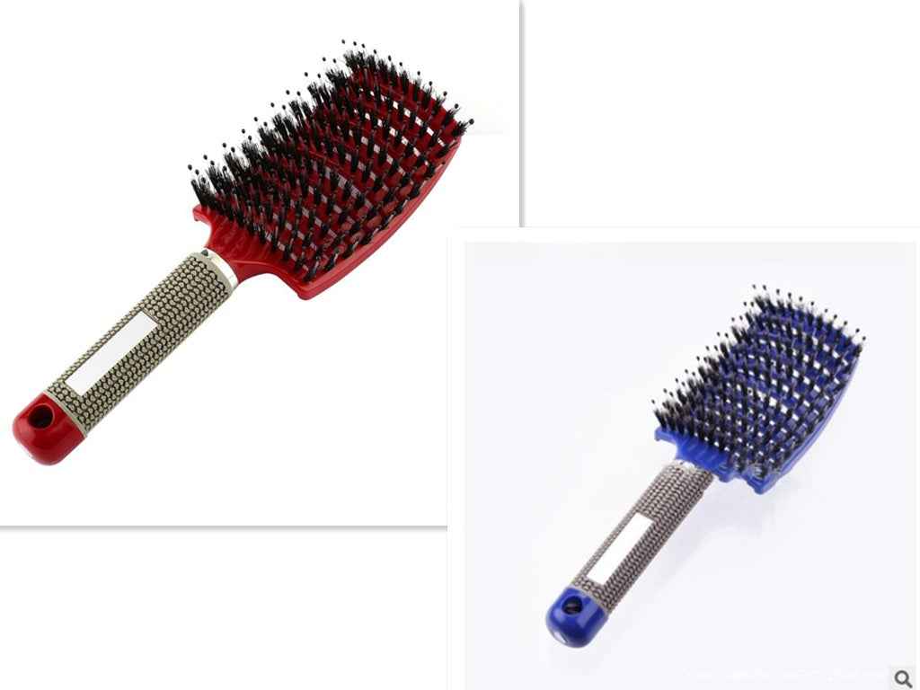 Cepillo de pelo profesional para desenredar en colores rojo y azul con mango ergonómico.