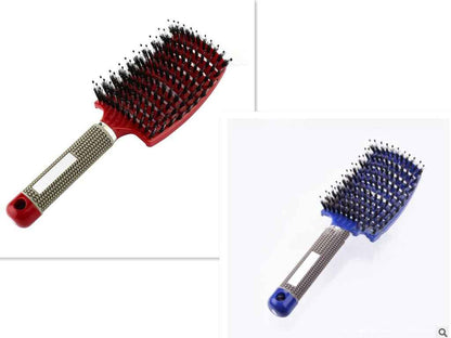 Cepillo de pelo profesional para desenredar en colores rojo y azul con mango ergonómico.