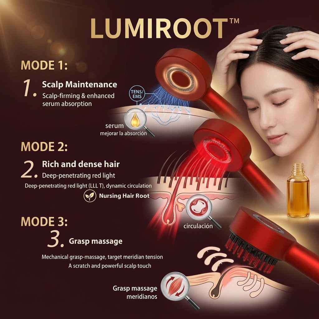 Dispositivo Lumiroot para cuidado del cuero cabelludo con terapia de luz roja y masaje.