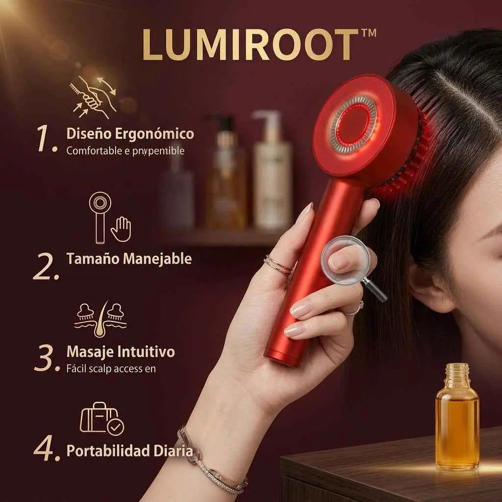 Cepillo masajeador de cuero cabelludo Lumiroot rojo con diseño ergonómico y tamaño manejable.