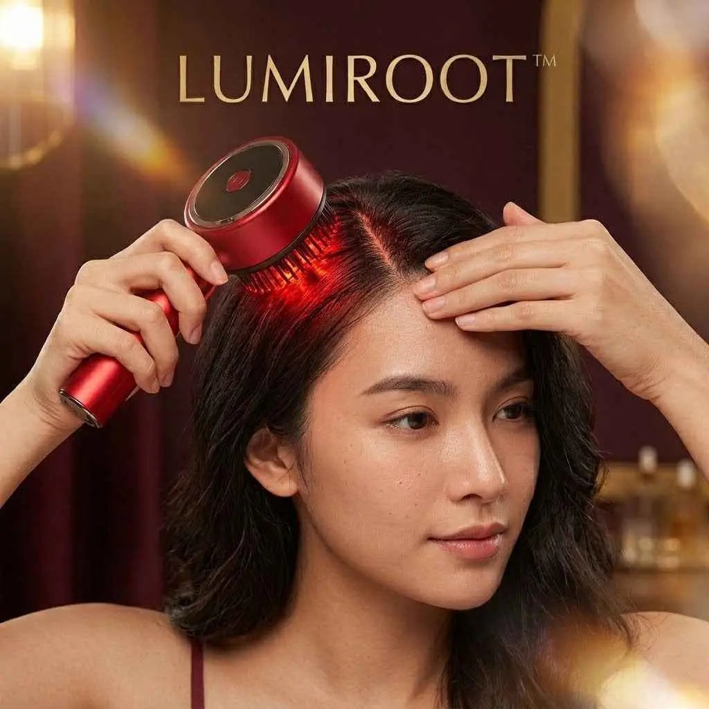 Mujer usando cepillo masajeador de luz roja Lumiroot para el cuidado del cabello.