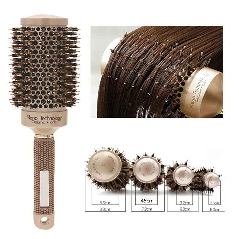 Cepillo redondo de cerámica y tecnología iónica para peinado profesional de cabello.