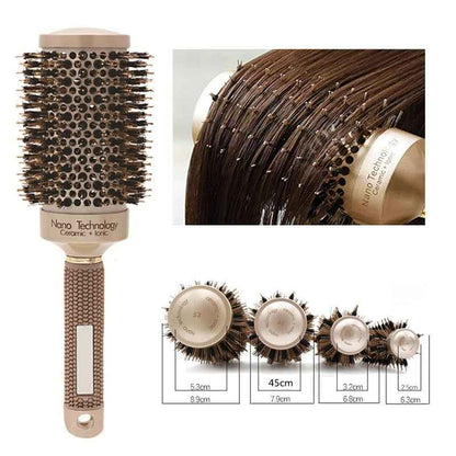 Cepillo redondo de cerámica y tecnología iónica para peinado profesional de cabello.