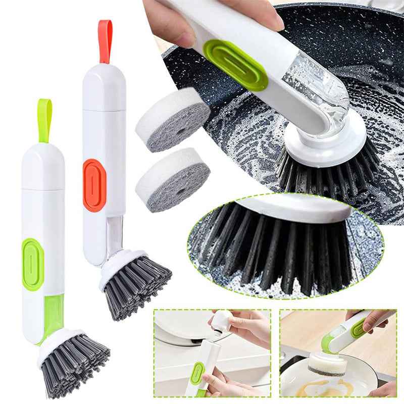Soap-Dispensing Dish Brush — Long Handle with 2 Replacement Heads