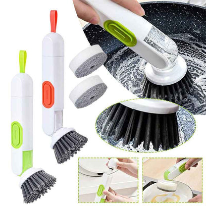 Soap-Dispensing Dish Brush — Long Handle with 2 Replacement Heads