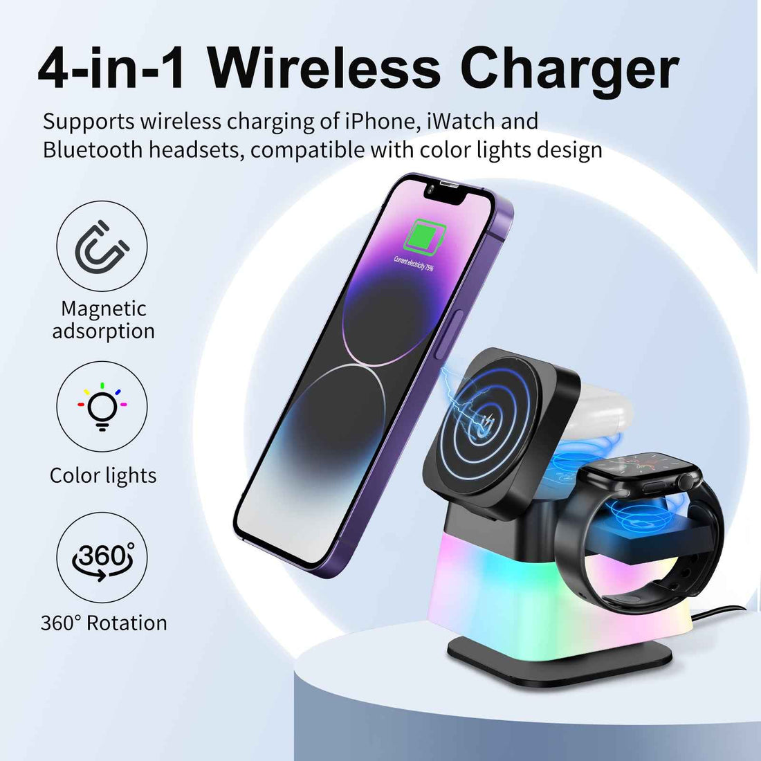 4-in-1 Wireless Charger Station — Rotatable RGB Night Light Stand