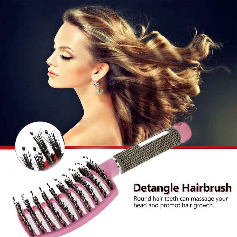 Cepillo desenredante de pelo rosa con cerdas redondas para masaje capilar y crecimiento.