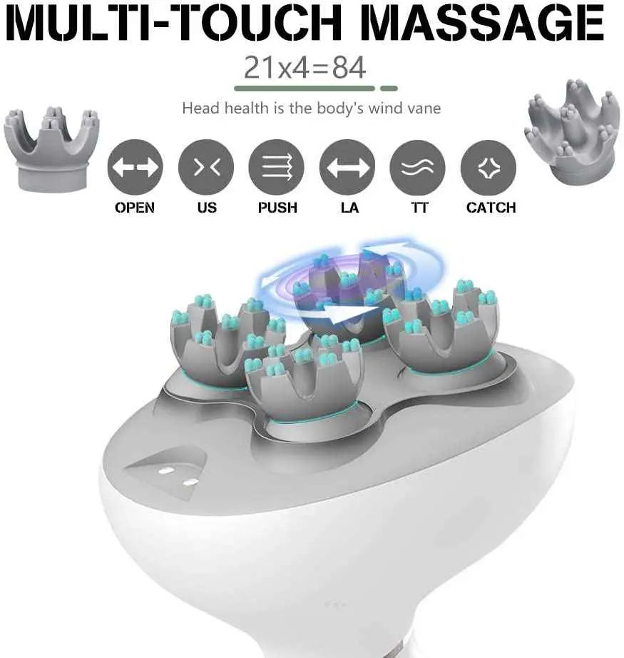 Masajeador de cabeza con tecnología multi-touch y cabezales rotatorios para relajación.