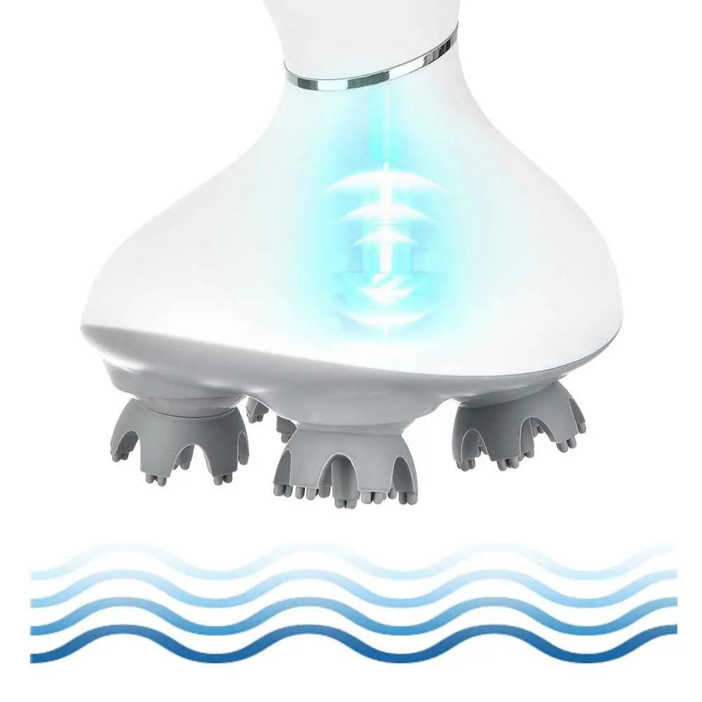 Masajeador de cuero cabelludo eléctrico con luz LED azul y cabezales de silicona.